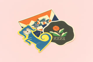 Retro fruit parlor sticker with blue grapes and checkerboard emblem on dark background