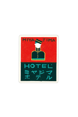 Square retro hotel sticker with red and green design, hat-and-figure icon, 'MIYAJIMA' and 'HOTEL' text