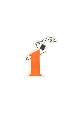 Retro number 1 sticker with orange numeral and small white doodle