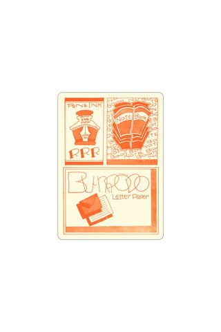 Retro stationery sticker sheet with orange postage-style stamps and letter-paper icons
