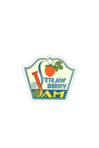 Retro strawberry jam sticker with strawberry icon and THRAW BERRY JAM badge text