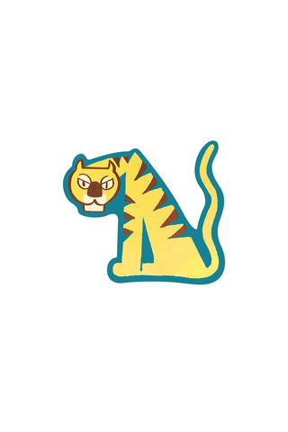 Cartoon tiger sticker with yellow body, blue outline, and striped tail