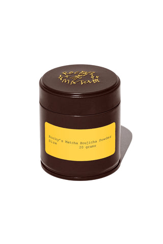 Rocky's Matcha Houjicha powder jar with brown lid and yellow label