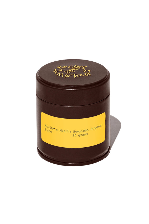 Rocky's Matcha Houjicha powder jar with brown lid and yellow label