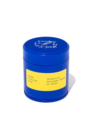 Ceremonial matcha tin, blue lid and yellow label, 20 g Shiranami blend