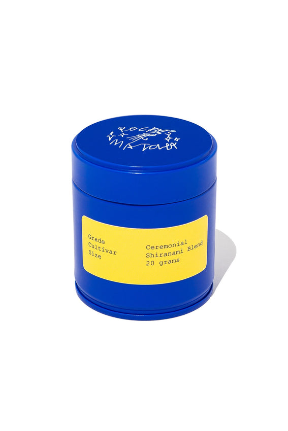 Ceremonial matcha tin, blue lid and yellow label, 20 g Shiranami blend