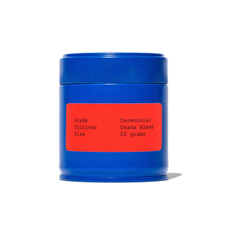 Rocky's ceremonial Osada blend matcha tin, blue canister with red grade label