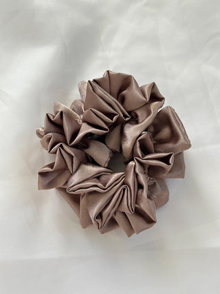 Satin ruffle medium scrunchie, taupe mushroom-colored fabric