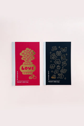 Pocket grid notebook set with red and dark blue covers; Love and doodle patterns