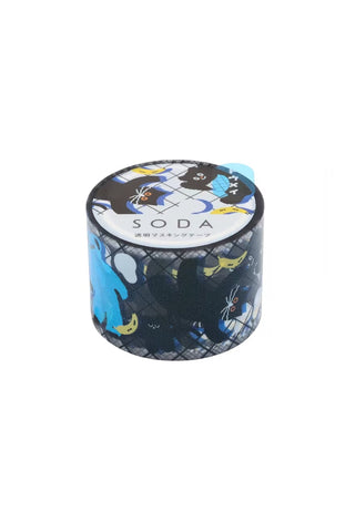 SODA clear tape roll, blue and black toy character pattern, round dispenser