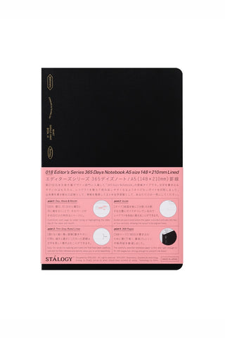 STÁLOGY A5 lined editor's notebook with black cover and pink belly band