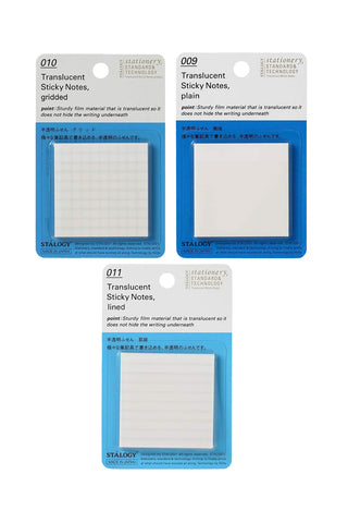 Packaged translucent sticky notes: 009 blank, 010 grid, 011 lined