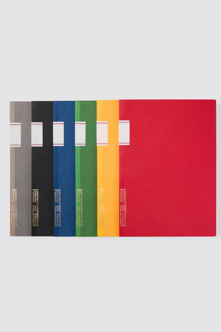 STÁLOGY 016 B5 notebooks in gray, black, blue, green, yellow, and red