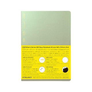 STÁLOGY A5 grid editor’s notebook with pale green cover and yellow label