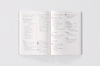 STÁLOGY A5 lined editor’s notebook open with handwritten notes and color dots