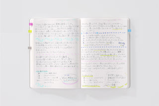 A5 lined editor's notebook open to pages filled with handwritten notes and colored tabs