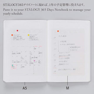 STÁLOGY removable weekly calendar stickers on open notebook pages with weekly schedule notes