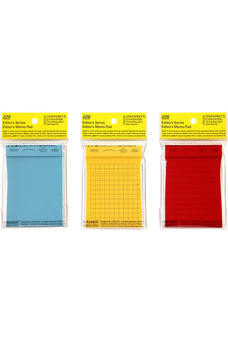 STÁLOGY 026 memo pads in blue grid, yellow plain, and red lined