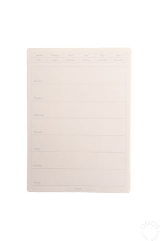 Beige weekly calendar sticker sheet with day rows and small date labels