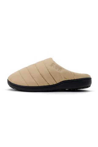 Beige quilted slip-on winter slippers with SUBU logo and dark rubber sole