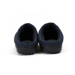 Rear view of navy outdoor slippers with cushioned heel and dark sole