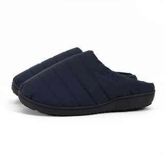 Navy quilted slip-on outdoor slippers with SUBU logo on the side