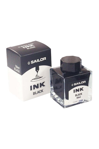 Sailor black bottled ink bottle with box, clear glass and black cap, 50 mL