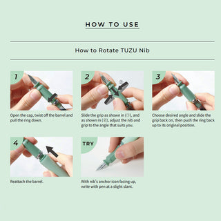 Hands adjusting a translucent navy fountain pen nib angle using the TUZU Adjust grip