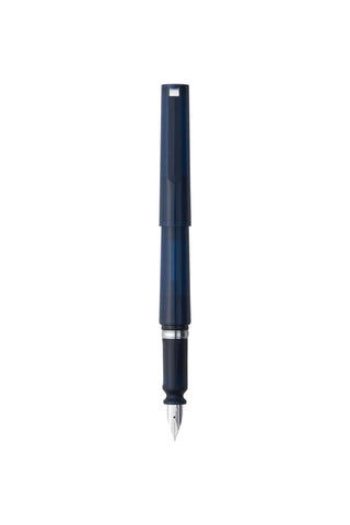 Translucent navy TUZU Adjust fountain pen with nib tip extended, end view