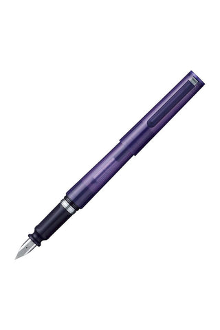 Translucent violet fountain pen with nib exposed and metal clip detail