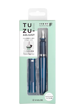 Translucent navy fountain pen TUZU Adjust, retail package with visible nib tip window