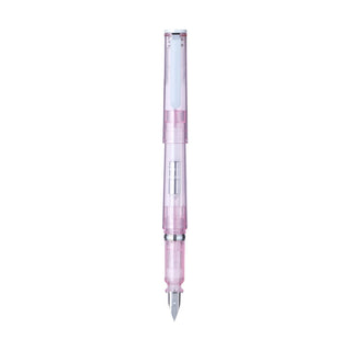 Pink glassy fountain pen with clear grip and pointed metal nib