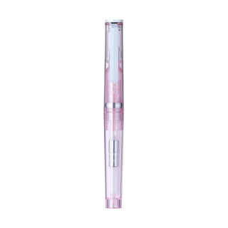 Pink glassy fountain pen with clear barrel and pointed metal nib