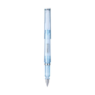 Light blue glassy fountain pen with clear barrel and pointed metal nib