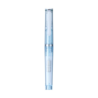 Light blue glassy fountain pen with clear barrel and visible internal parts