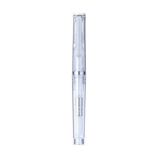 Glassy fountain pen with clear crystal body and silver nib, front view
