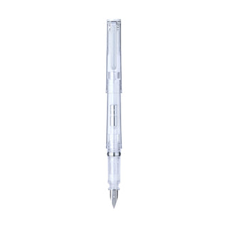 Glassy fountain pen with clear barrel and pointed nib tip, side close-up