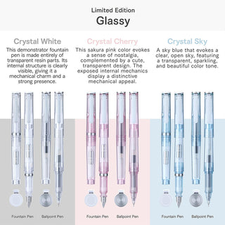 Glassy pen models in clear, pink, and light blue on a display sheet