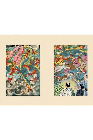 Two framed illustrated prints on beige background: blue dragon-like creature and figure scene