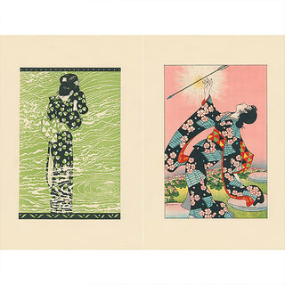 Two framed illustrated prints: black kimono figure on green waves and pink action scene