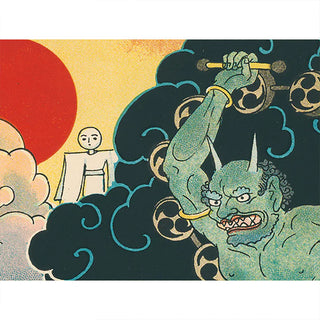 Close-up illustration print with red sun and horned demon figure in dark swirling clouds