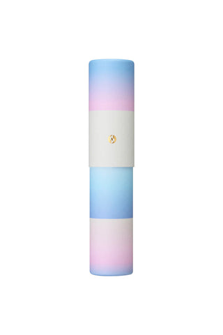 Gradient incense holder cylinder with blue, white, and pink bands and gold logo dot