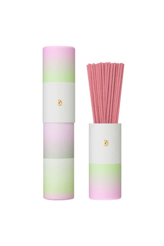 Gradient incense canister with pink and green bands, holding a bundle of incense sticks