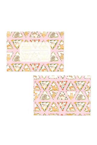 Floral animal letter set cards with patterned border, two sheets in pastel pink