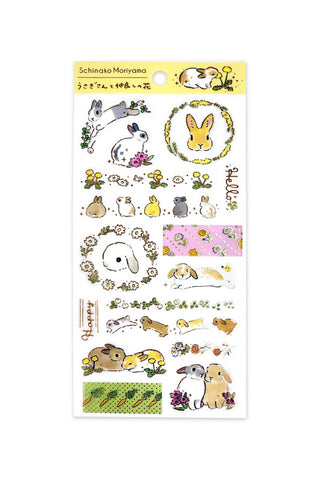 Frosted clear sticker sheet with gold foil bunnies, flowers, and small animal designs
