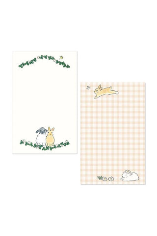 Memo pad with white bunny flower border and beige checkered rabbit design