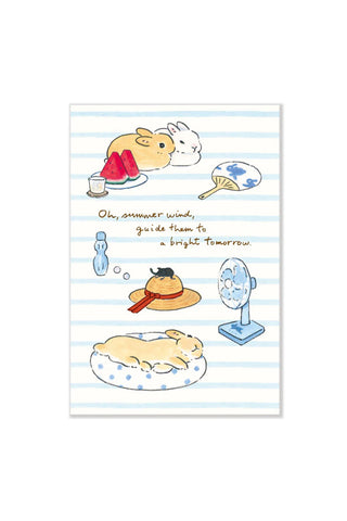 Illustrated summer vacation postcard with cartoon animals, ice cream, and striped background