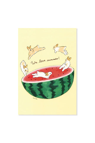 Illustrated postcard of rabbits over a slice of watermelon