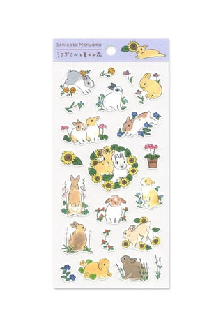 Rabbit and summer flower cotton paper sticker sheet with assorted cute animal illustrations