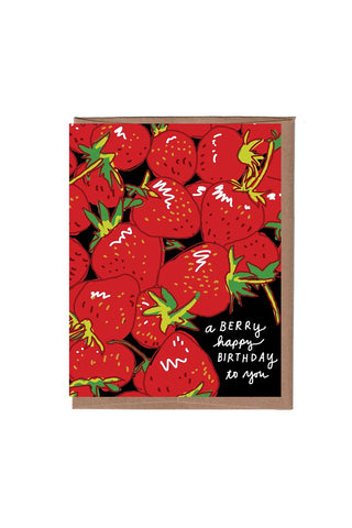 Berry birthday scratch-and-sniff card with red strawberry pattern and small text
